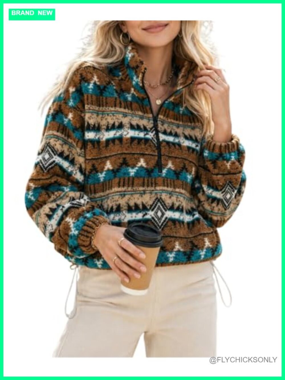Womens Aztec Cropped Sweatshirt Half Zip Sherpa Fleece Pullover Top